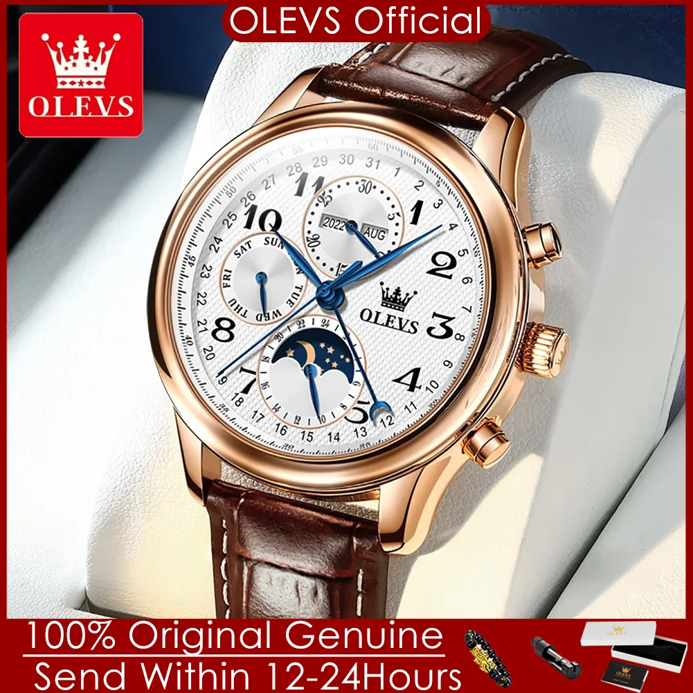 

OLEVS Original Automatic Mechanical Watch for Men Leather Strap Moon Phase Waterproof Week Calendar Business Men's Wristwatches