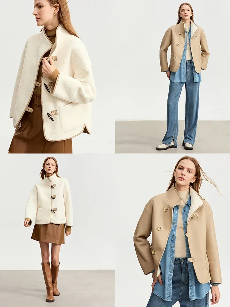 AMII Women's Chinese Style Fur Jacket 2025 Winter Fashion PU Leather Stand Collar Contrast Double Sided Outerwear Tops 12344213