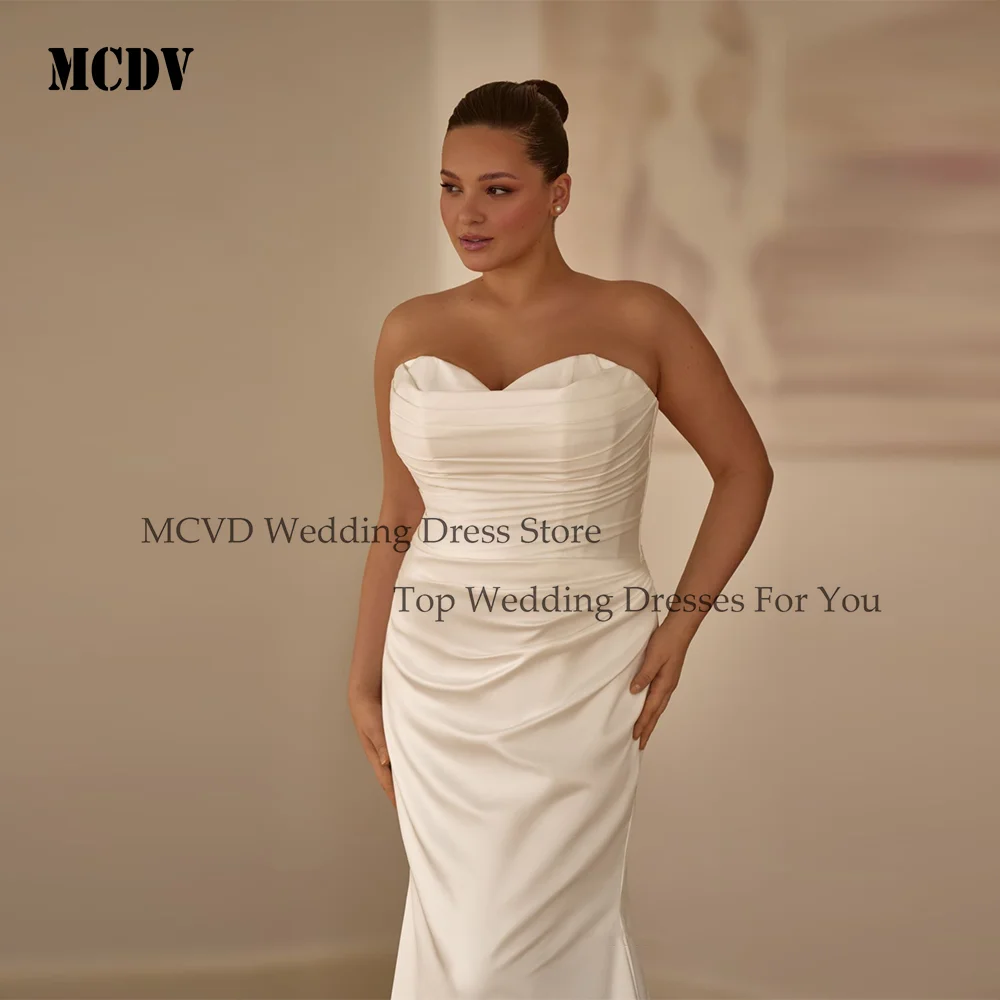 

MCDV Plus Size Mermaid Satin Wedding Gowns Detachable Lace Long Sleeves Button Back Elegant Bride Dresses Women Customized