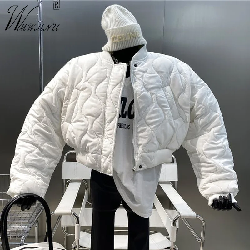 

Trendy Cropped Winter Bomber Jackets Streetwear White Parkas Women New Thick Cotton Chaquetas Warm Zip Up Short Quilted Outwear