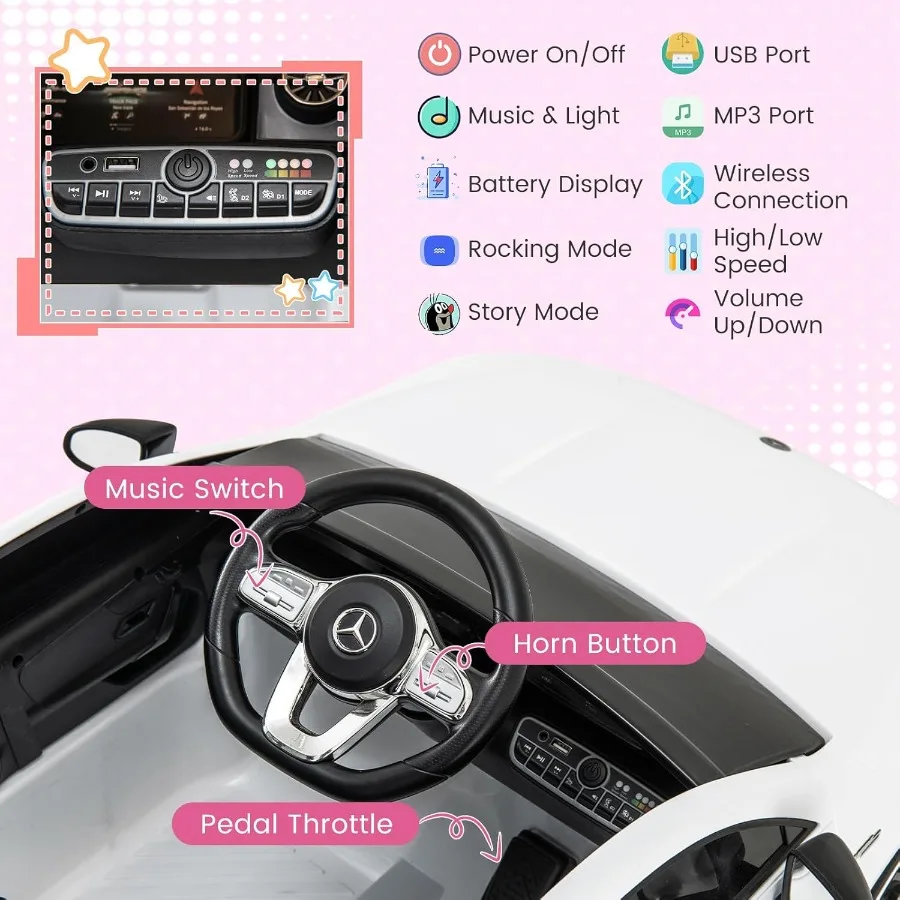 รถยนต์ไฟฟ้าเด็ก 12V ลิขสิทธิ์แท้ พร้อมรีโมทควบคุมสำหรับผู้ปกครอง ฟังก์ชั่นโยก ไฟ LED ไฟหน้า พร้อมเสียงเพลงและแตร ระบบสตาร์ทแบบนุ่มนวล