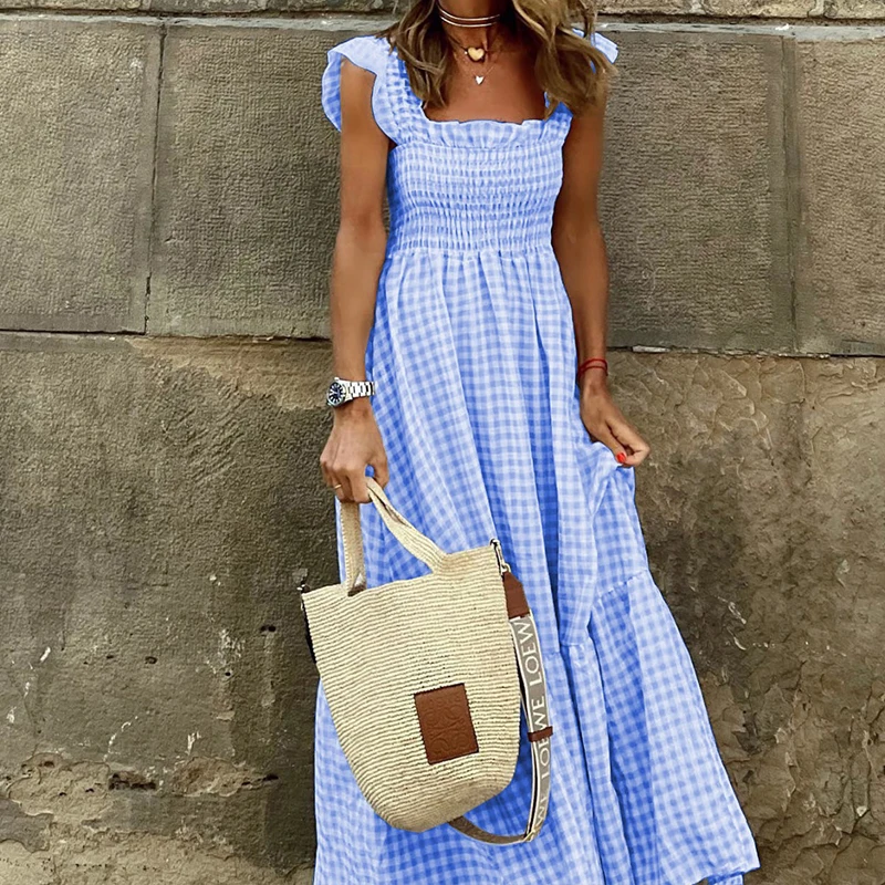 Elegant ผู้หญิงฤดูร้อนลายสก๊อต Maxi ยาวชุดวันหยุดสบายๆ Backless Beach Sundress จีบ Boho Party ชุดหลวม