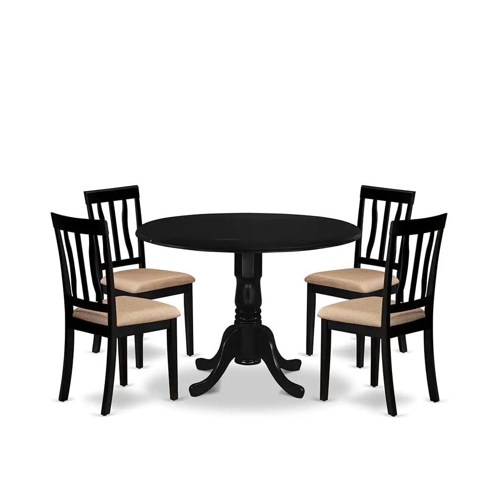

Dlan5-Blk-C 5 Piece Dining Room Table Set Ludes A Round Kitchen Table With Dropleaf And 4 Linen Fabric Upholstered Dining