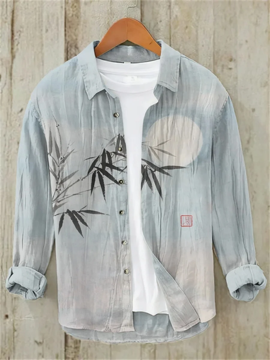 New Men's Long-sleeved Shirts Mens Linen Shirts High-quality Men Clothing Japanese Fashion Art Prints Camisa Punto Tejido Hombre