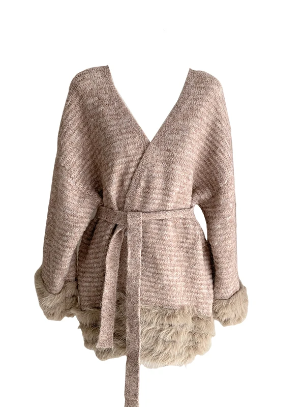 Sweter Ele V-Ne z dzianiny z paskiem, wysokiej jakości futrzana odzież wierzchnia, modny, luźny krój, ciepły na zimę, ogrzewający.