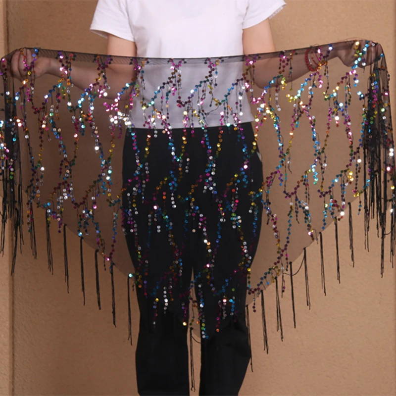 ใหม่ Belly Dance Sequins พู่อินเดีย Belly Dance สะโพกผ้าพันคอสำหรับผู้หญิง Dance Performance เข็มขัด11สี