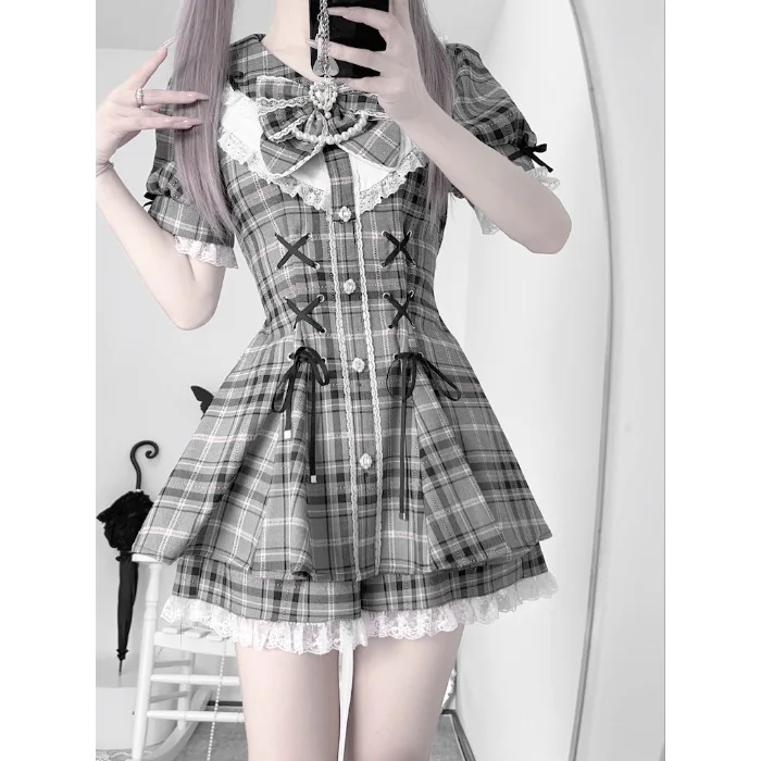 College-Style Retro Gray Plaid Shirt Dress for Women, Summer Sweet Little Girl's Bow Lace Waist-Cinching Short Dress
