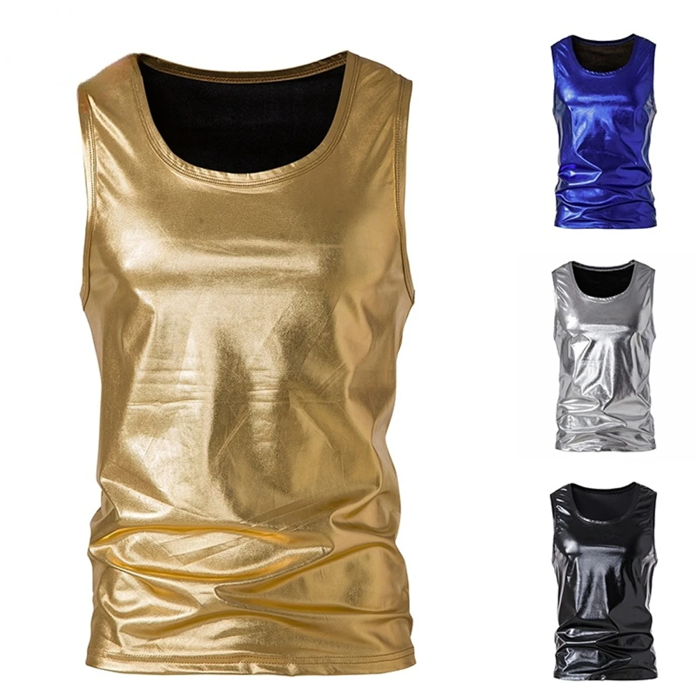 New Summer Men's Glossy Silver Gold Metal Night Club Prom Sleeveless Casual Tank Top T-shirt Fashion