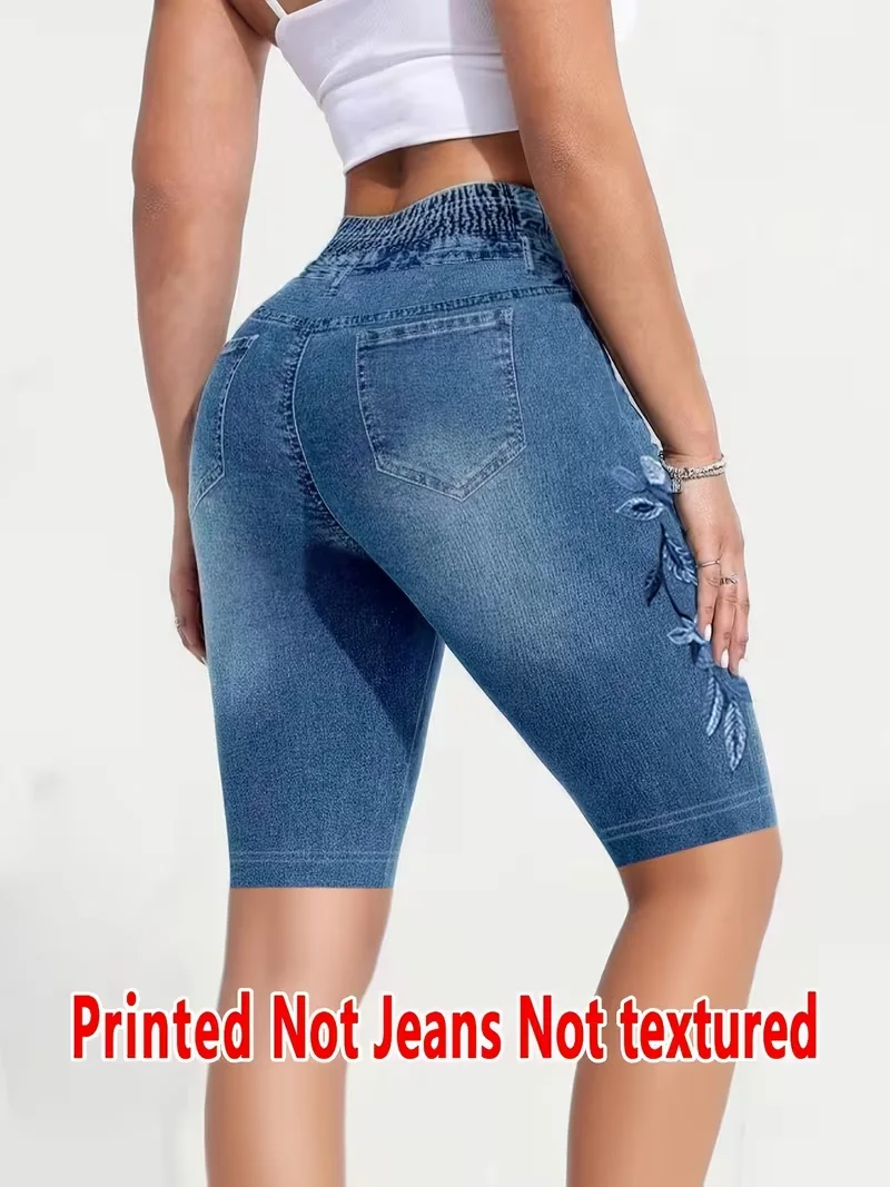 Bedruckte Leggings, Stoff ohne Denim, Caprihosen mit Scheintaschen- und Knopfdruck, hochelastische neue Skinny-Hosen. – Detail 2