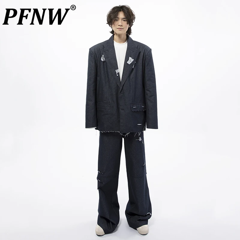 PFNW Men's Korean Niche Hole Broken Washed Denim Suit And Destruction Design Wide Leg Jeans Loose Two-piece Set Tide New 28W4593