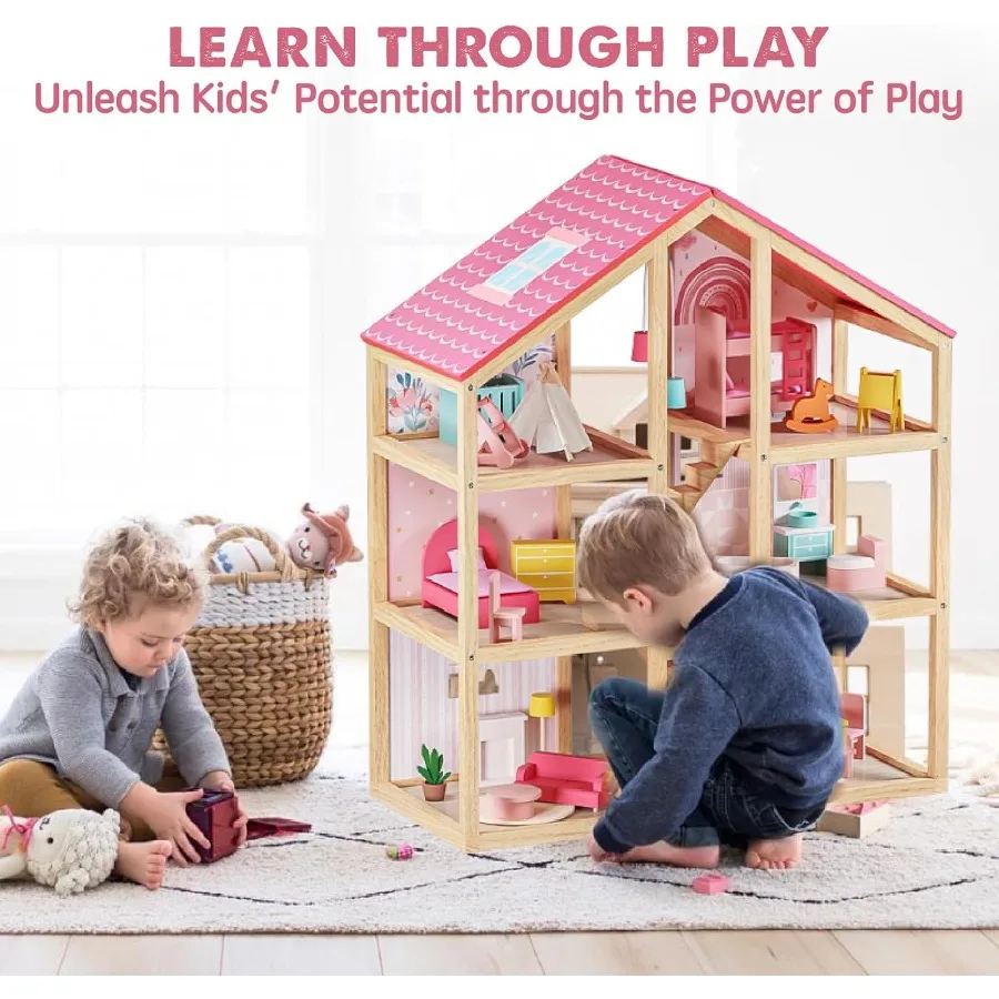 بيت الدمى الخشبي للفتيات - 6 غرف بيت الدمية الخشبية، بيت الدمية التظاهري DIY مع 31 قطعة من إكسسوارات الأثاث، هدية إبداعية f