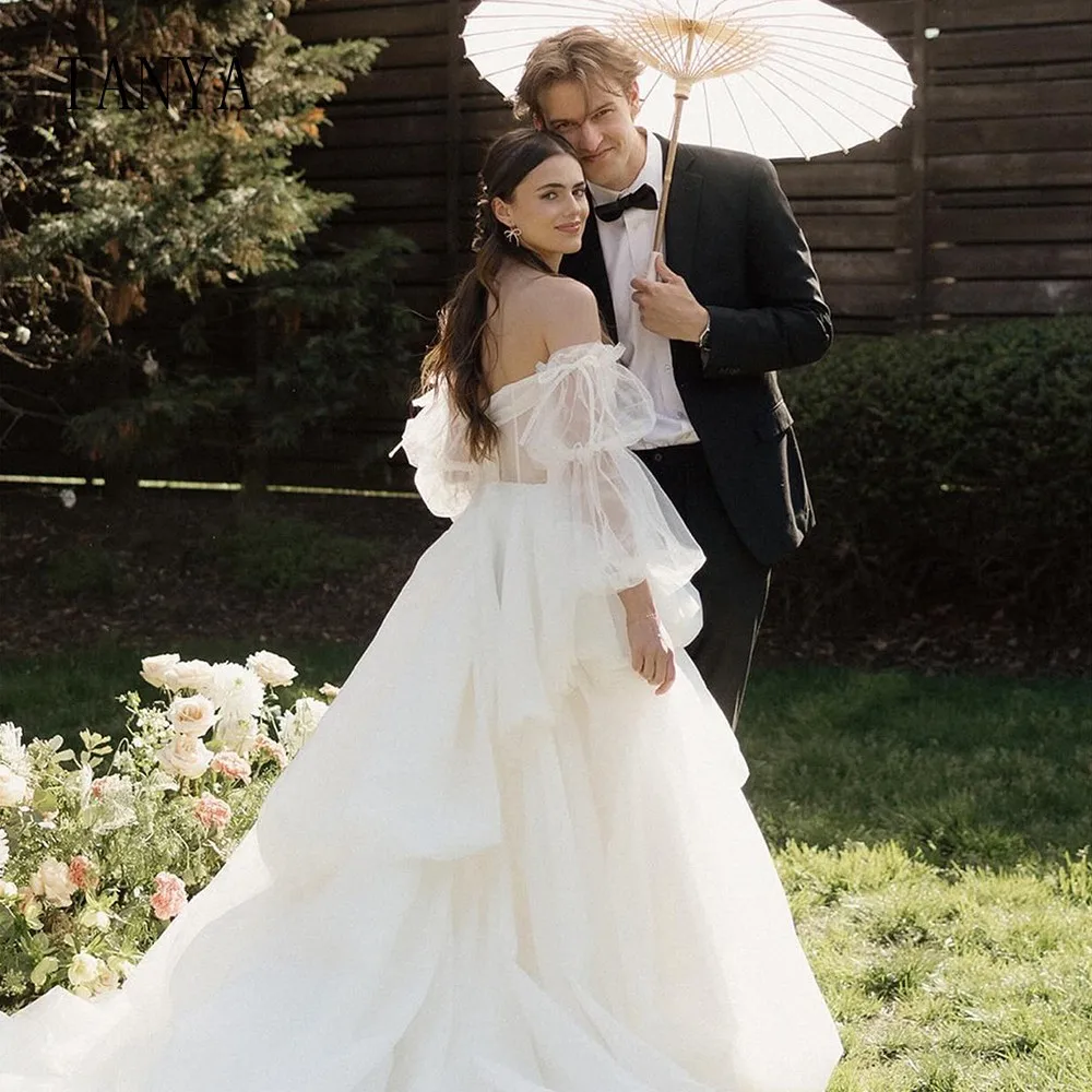 Robe de mariée en organza avec poignées amovibles, chérie de la présidence, optique décolleté, manches longues, ligne A, train de balayage, robe de patients romantiques, TSWD295