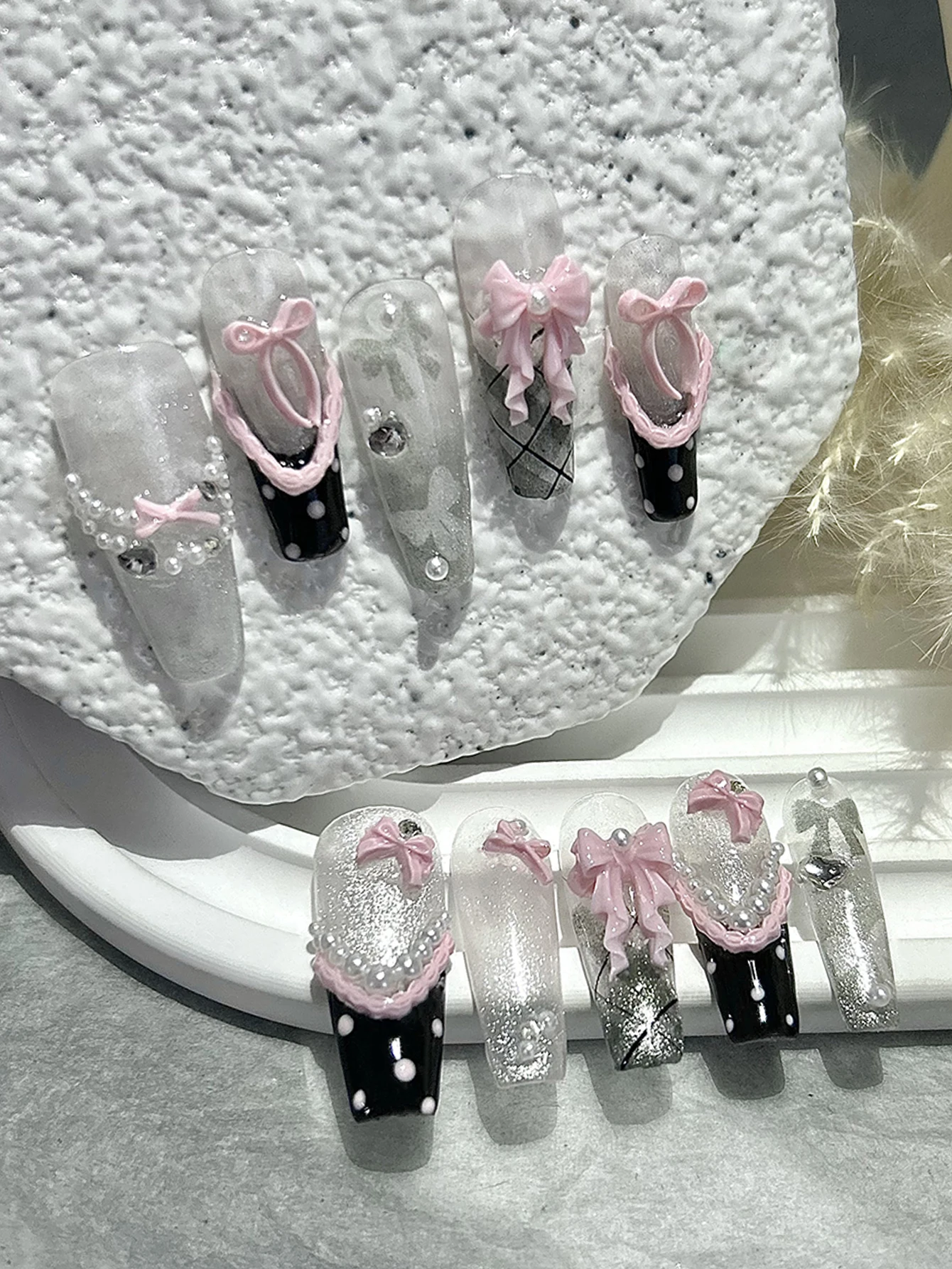 10 Pieces Lace Flutter French Bow Handmade Press On Nails Pearl Cat Eye Glitter Plaid Fake Nails Removable Reusable