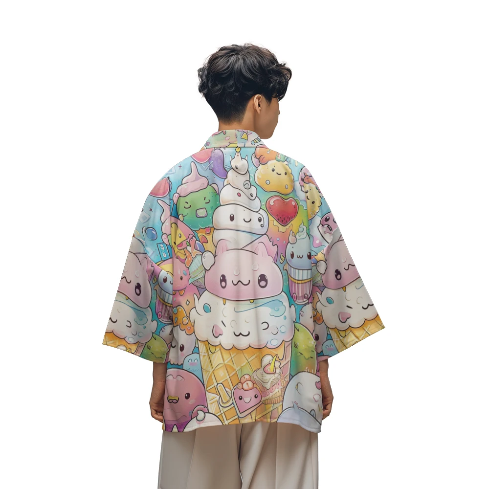 

Classic Vintage Niche Design Cute Style Dessert Anime Multi-Pattern Printed Toga Men's Fashion Casual Kimono Men's Tops