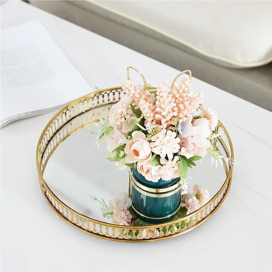 Hollow Metal Glass Mirror Tray Storage Decorative Trays Shooting Props Jewelry Organizer Tea Dessert Plate Cake