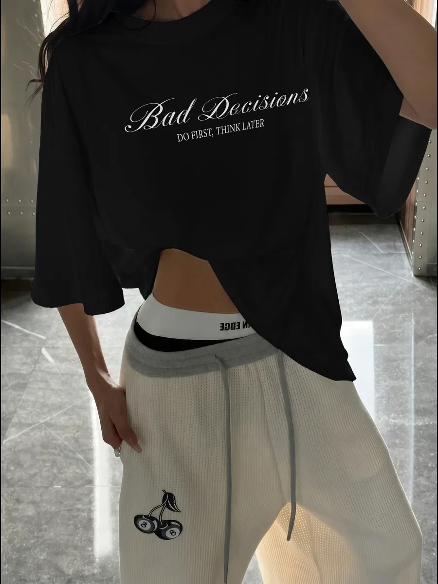 Bad Decisions Letter Print Black T Shirt Women Y2K Oversized Short Sleeve Graphic Tees Summer Casual Streetwear Loose Tops