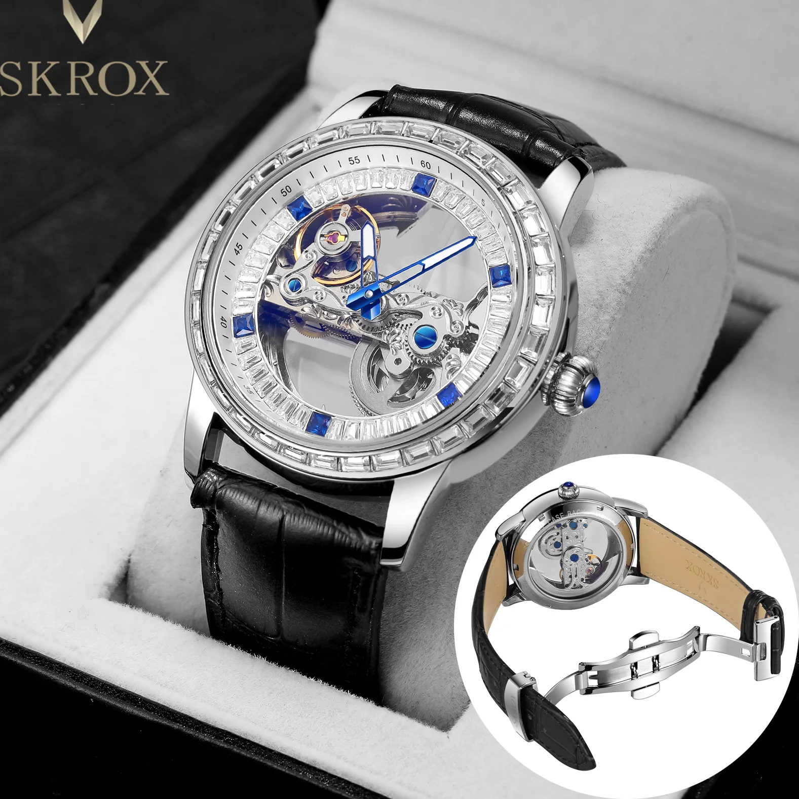 

SKROX Blue Diamond Automatic Movement Man watch Skeleton Mechanical Waterproof Wrist Watches Original High-End Luxury Clockwork