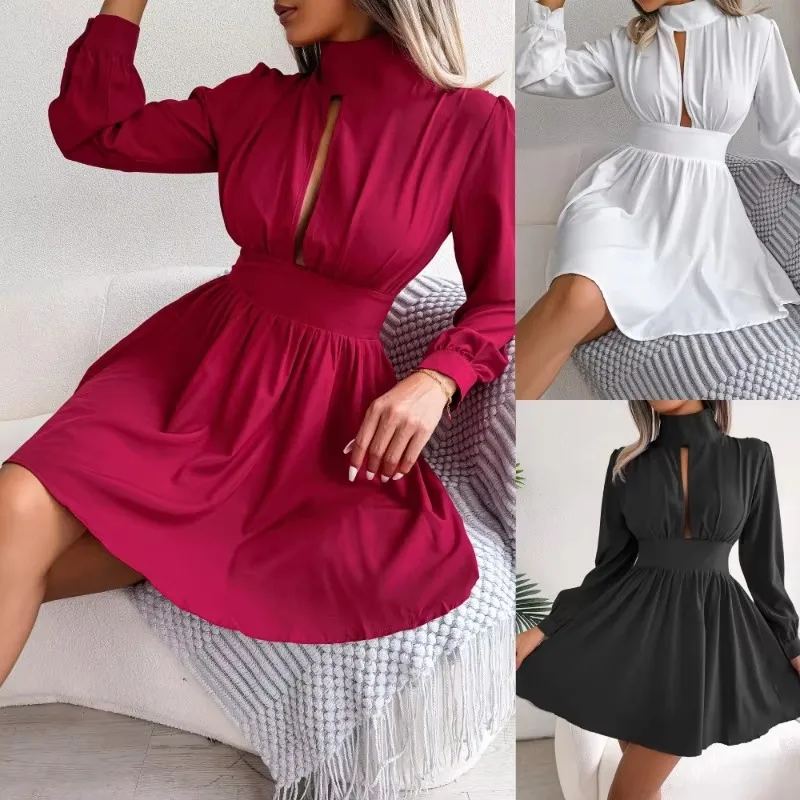 Neue Frauen Elegante Wrap Kleid Frühling Sommer Einfarbig Aushöhlen Langarm EINE Linie Kleid frauen Kleidung