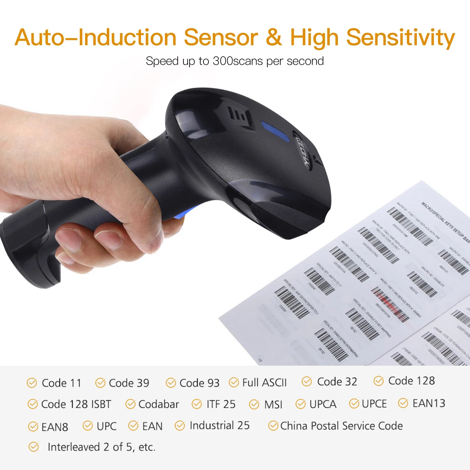 Scanner de código de barras sem fio 2 em 1, 2.4g e scanner de código de barras com fio usb, leitor automático de código de barras 1d portátil com recarregável