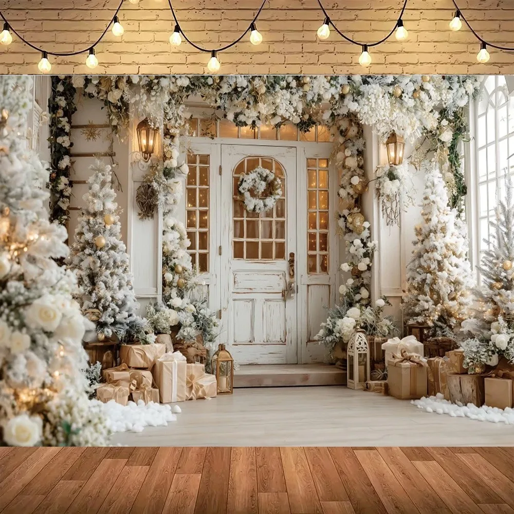 

Merry Christmas, white wooden door photo banner Backdrop, winter family gathering party decoration, photography background props