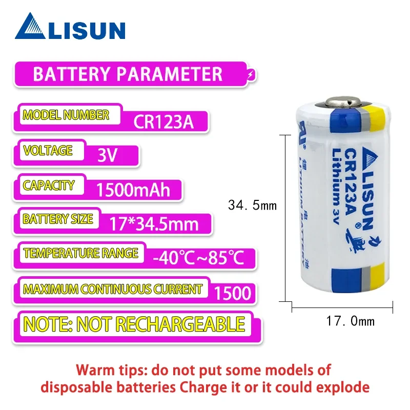 LISUN CR123A 3V lithium battery for patrol rods smoke alarms intelligent water meters camera GPS locator