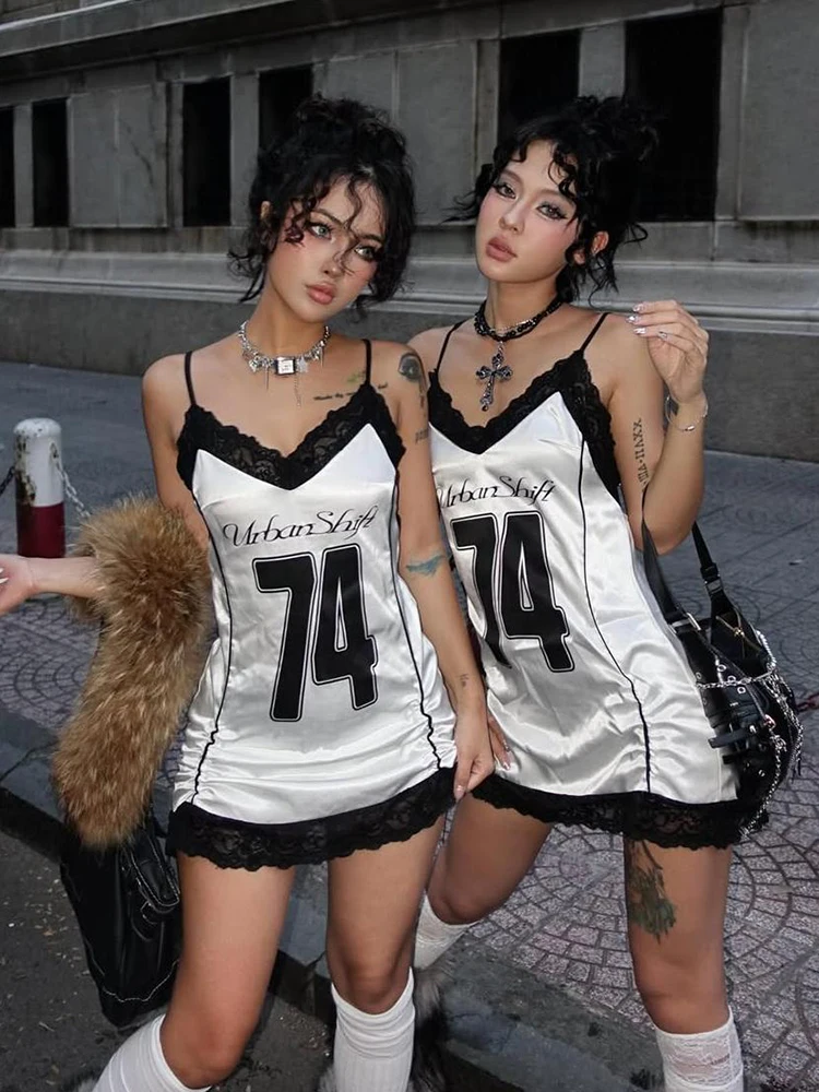 Abito con stampa digitale Donna Sexy Bordi in pizzo Patchwork Senza schienale Senza maniche Con lacci Pieghettato Midnight Club Mini aderente