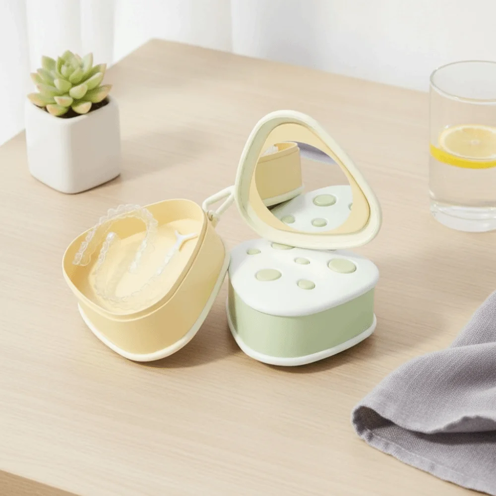 Cheese Shape Invisible Braces Holder Storage Box Washable Plastic Denture Braces Container Leak Proof with Mirror