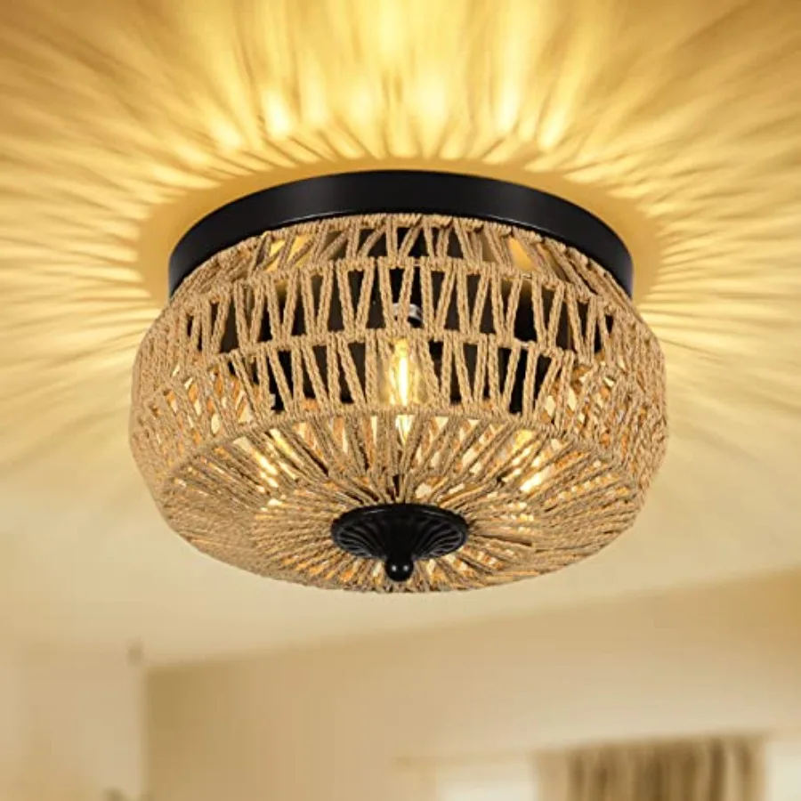 

3-Lights Woven Rattan Flush Mount Ceiling Light Fixture with Hand-Worked Cage Shade for Bedroom Kitchen Foyer Porch