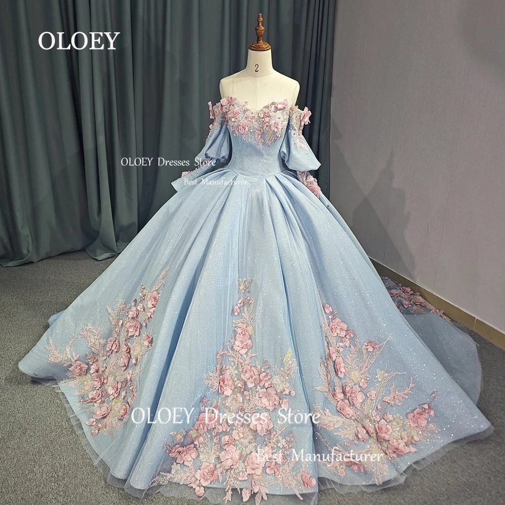 OLOEY Gorgeous Glitter Light Blue 15 17 Quinceanera Dress Wedding Dress Sweetheart Silky Tulle Applique Ball Gown Birthday Party