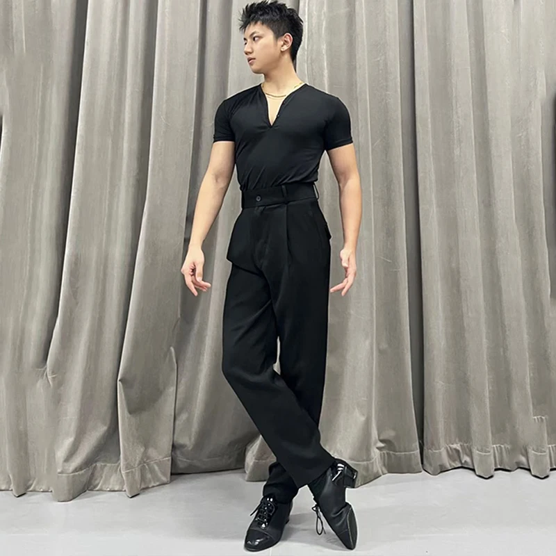 Adult Male Latin Dance Clothes Men Black Short Sleeves Tops pants Cha Cha Rumba Salsa Dance Practice Clothing Trousers DNV20611