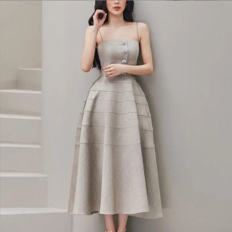 

Women Midi Dress Banquet Button Spaghetti Strap Slim Elegant Dress Fashion Formal Style Ball Gown Dresses 2022 New w389