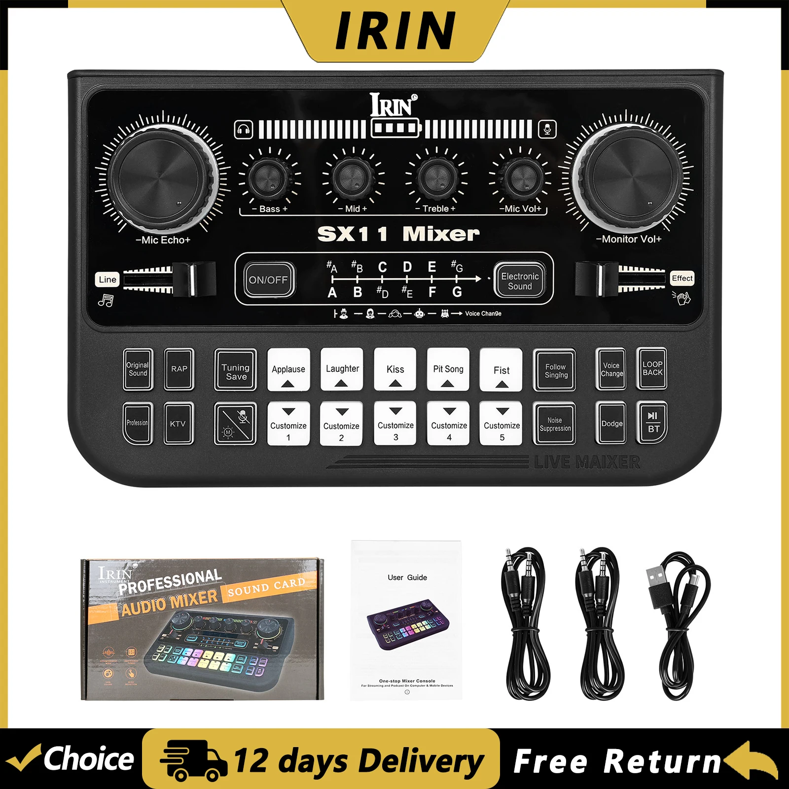 IRIN SX11 Sound Card Audio Mixer 48V Power Live Streaming Recording Podcast Studio for YouTube Computer/Phone Sound Card