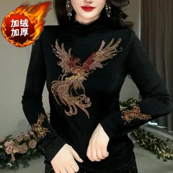 Women Clothing 2024 Autumn Winter Vintage Fashion Rhinestone High Collar T-shirt Black Elegant Long Sleeve Slim Thick Basic Tops