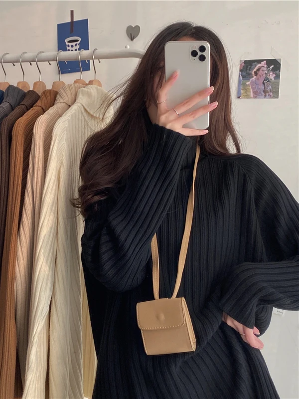 Senhoras alta ne camisola de malha macio aconchegante listrado solto ajuste meados de comprimento interior irt para outono inverno nova chegada commute sle