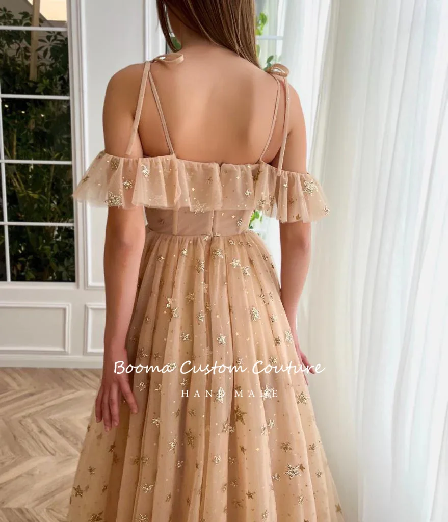 Booma Champagne Starry Tulle Prom Dresses Spaghetti Straps Ruffles High Slit A-Line Party Dresses Maxi Formal Evening Gowns