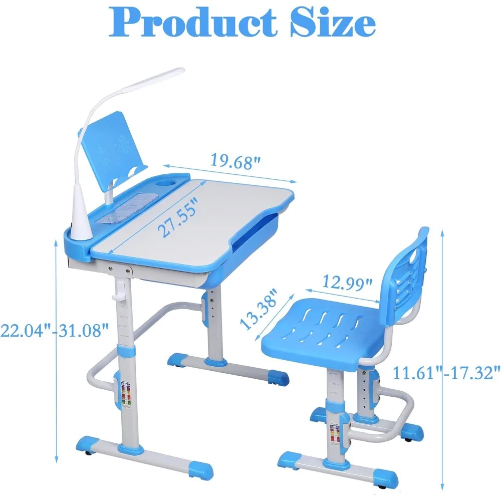 Altura ajustável Desk and Chair Set para crianças, mesas de escrita com Tilt Desktop, luz LED, gaveta de armazenamento, Escola de Estudo Infantil