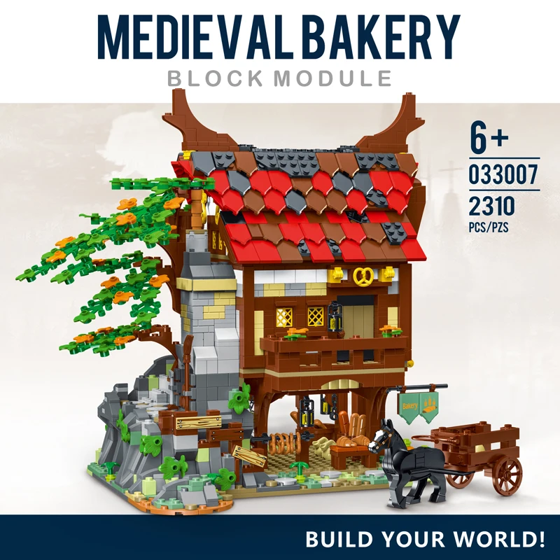 Street View Medieval Town Bakery Building Blocks European City Architecture Shop Water Mill House Model Bricks Toys For Kid MOC