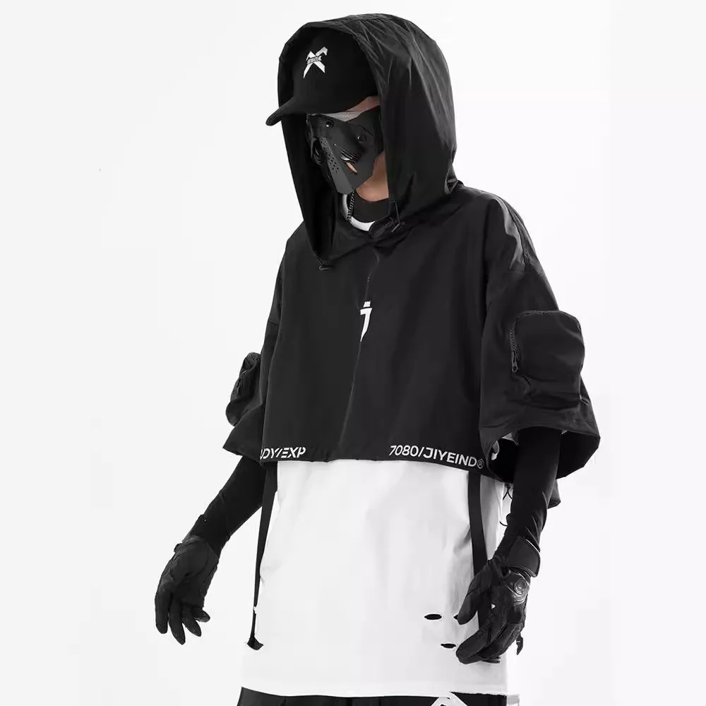 2024 Hotsale Techwear Style Hip Hop Cropped Jacket Pullover Mens Punk Motorcycle Hooded Cloak Multi-pockets Jaqueta