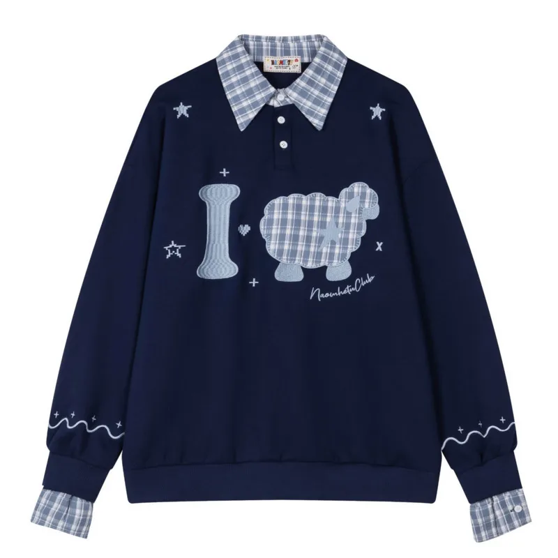 2025 Autumn men's American retro fun lamb patch embroidered fake two-piece lapel hoodie loose casual simple versatile top