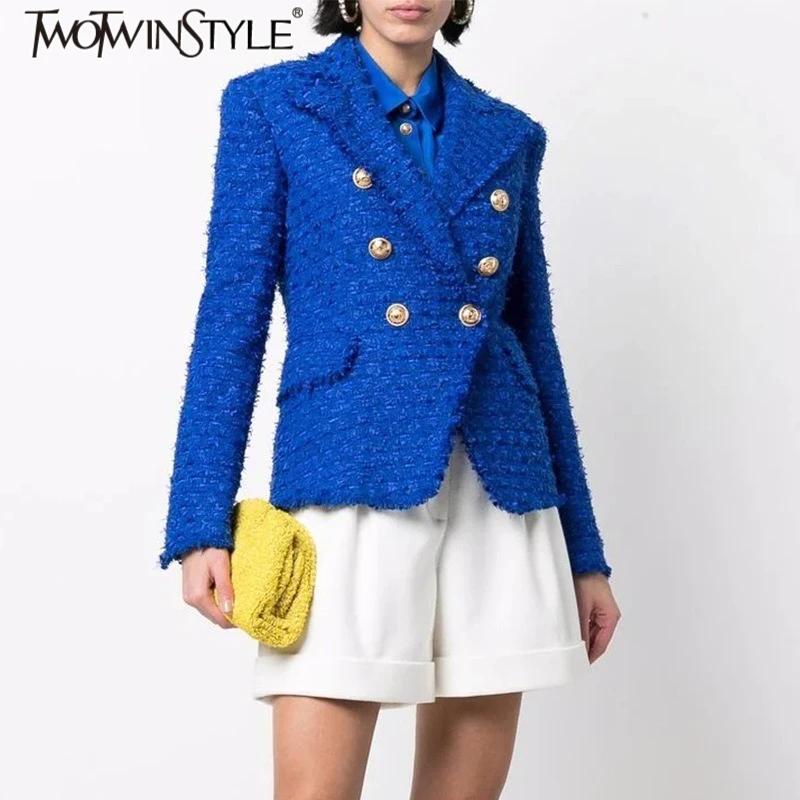 TWOTWINSTYLE Solid Slimming Spliced Double Breasted Balzer for Women Lapel Long Sleeves Patchwork Ripped Coat Female Clothing
