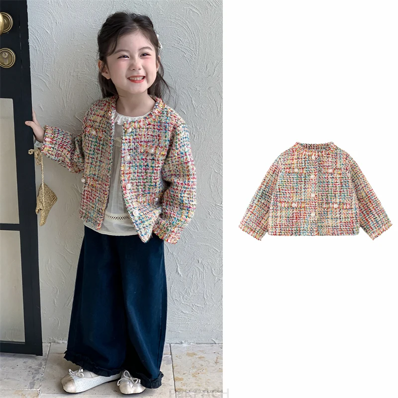 

Luxury Designers Baby Kids Cropped Tweed Jacket with Button for Girls High Fashion Streetwear Korean Child Spring Autumn Coat