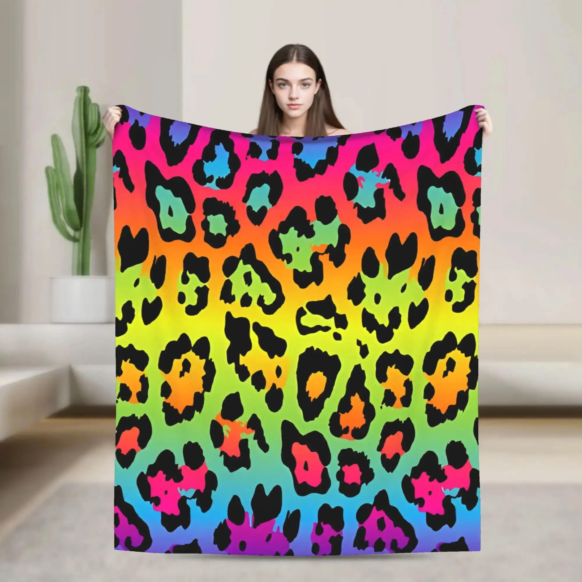 

Плюшевое одеяло с радужным леопардовым принтом, теплое фланелевое покрывало для кровати, для путешествий на природе, мягкое графическое покрывало-плед