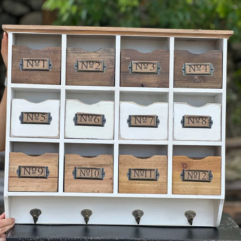 

Vintage Wall-Mounted Storage Cabinet, 12 Numbered Wooden Drawers,White and Natural Wood Finish,Decorative Hooks,Rustic Organizer