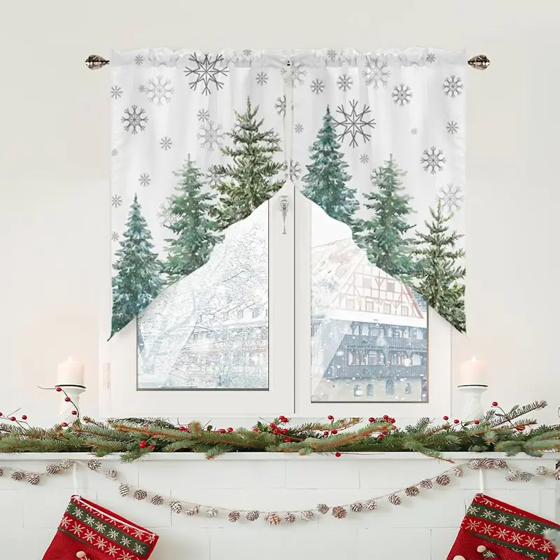 VIKAMA Christmas Triangle Curtain Watercolor Green Pine Tree Snowflake Print Swag Valance For Kitchen Window Living Room Decor