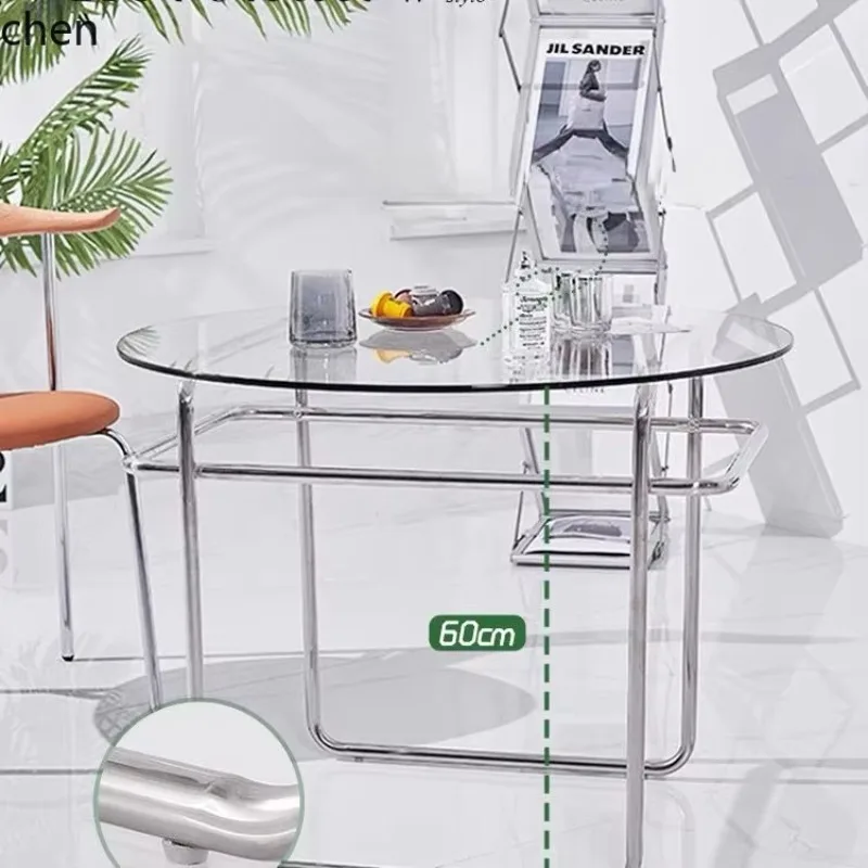 HYS Steel Round Coffee Table Living Room Sofa Side Table Balcony Modern Simple Glass Coffee