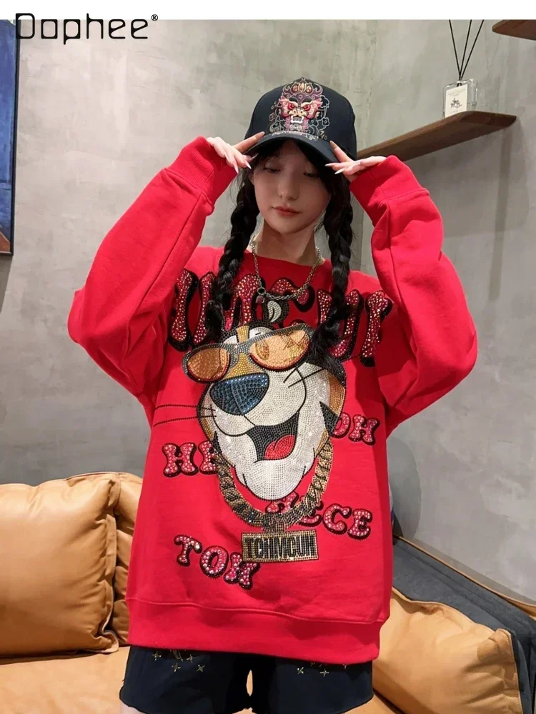 Fashion Loose Hot Drilling Red Couple Hoodie Coat 2023 Autumn New Pullover Round Neck Cartoon Tiger Head Sweatshirt for Women