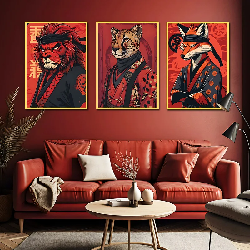 Japanese Kimono Animal Black Red Poster Handsome Animals Prints Canvas Painting Wall Art Pictures Home Room Vintage Decoration