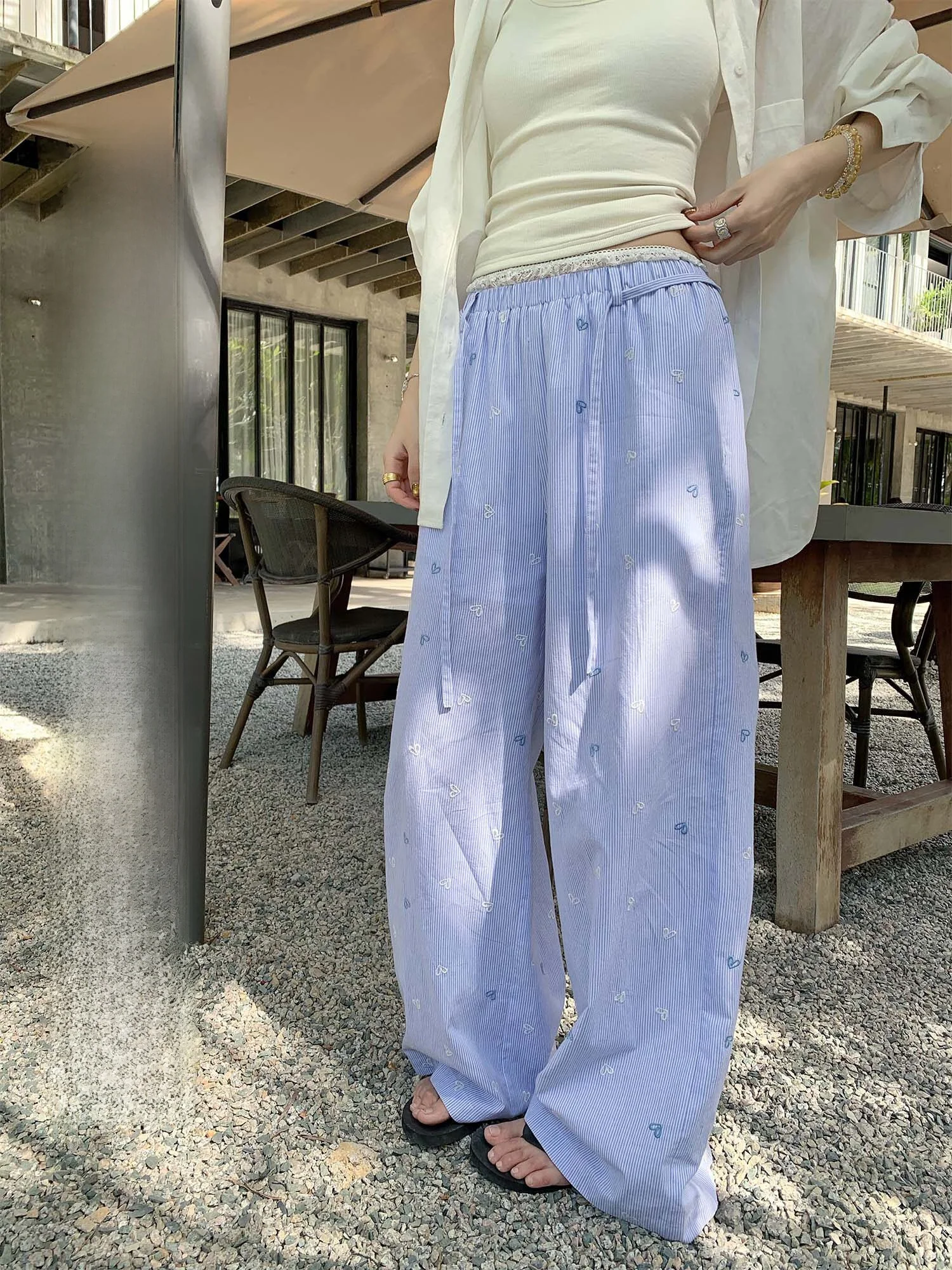 

Синие полосатые свободные повседневные брюки с широкими штанинами для женщин, осенняя новинка, удобные трикотажные брюки с завышенной талией
