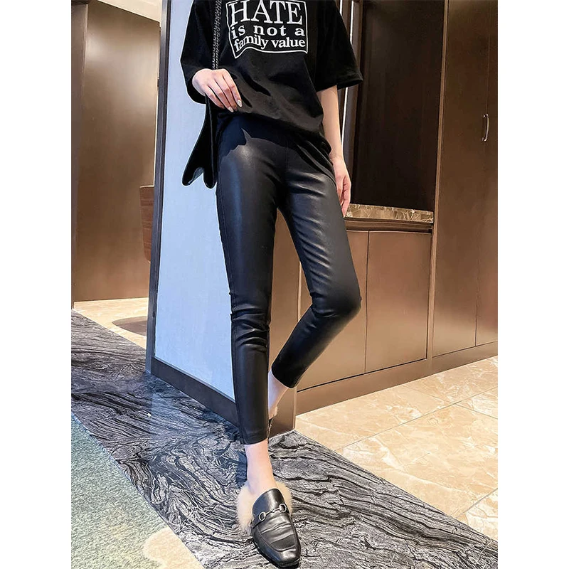 

Genuine eepskin Leather Pants High Waist Matte Harlan Slimming Faionable Casual Pants Autumn 202 Ladies Premium Faion