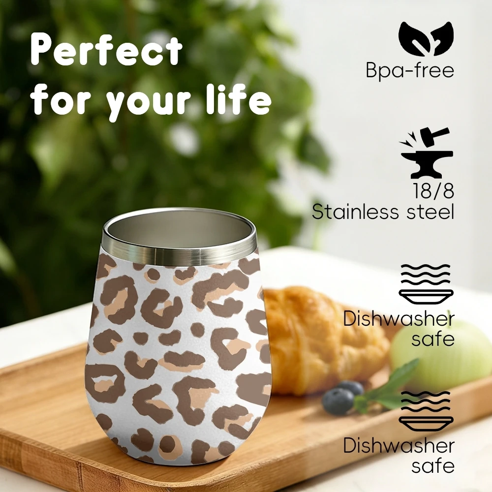 Cream Leopard Pattern Vacuum Flasks 12oz Insulated Wine Tumbler Vacuum Coffee Mug Egg Shape Thermos Cup